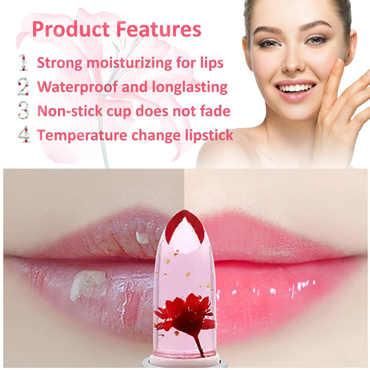 2 Pack Crystal Flower Jelly Lipstick,Magic Color Changing Lipstick,Ph Clear Temperature Color Changing Lipgloss,Lip Balm,Long Lasting Nourishing Moisturizing Lip Stick Set(Set A)